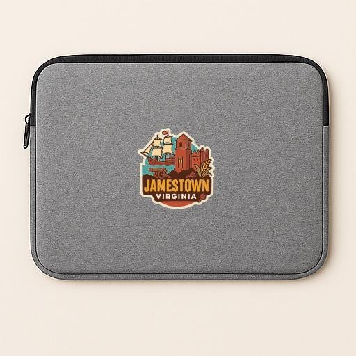 A gray laptop sleeve with a logo of Jamestown, Virginia, printed on it.