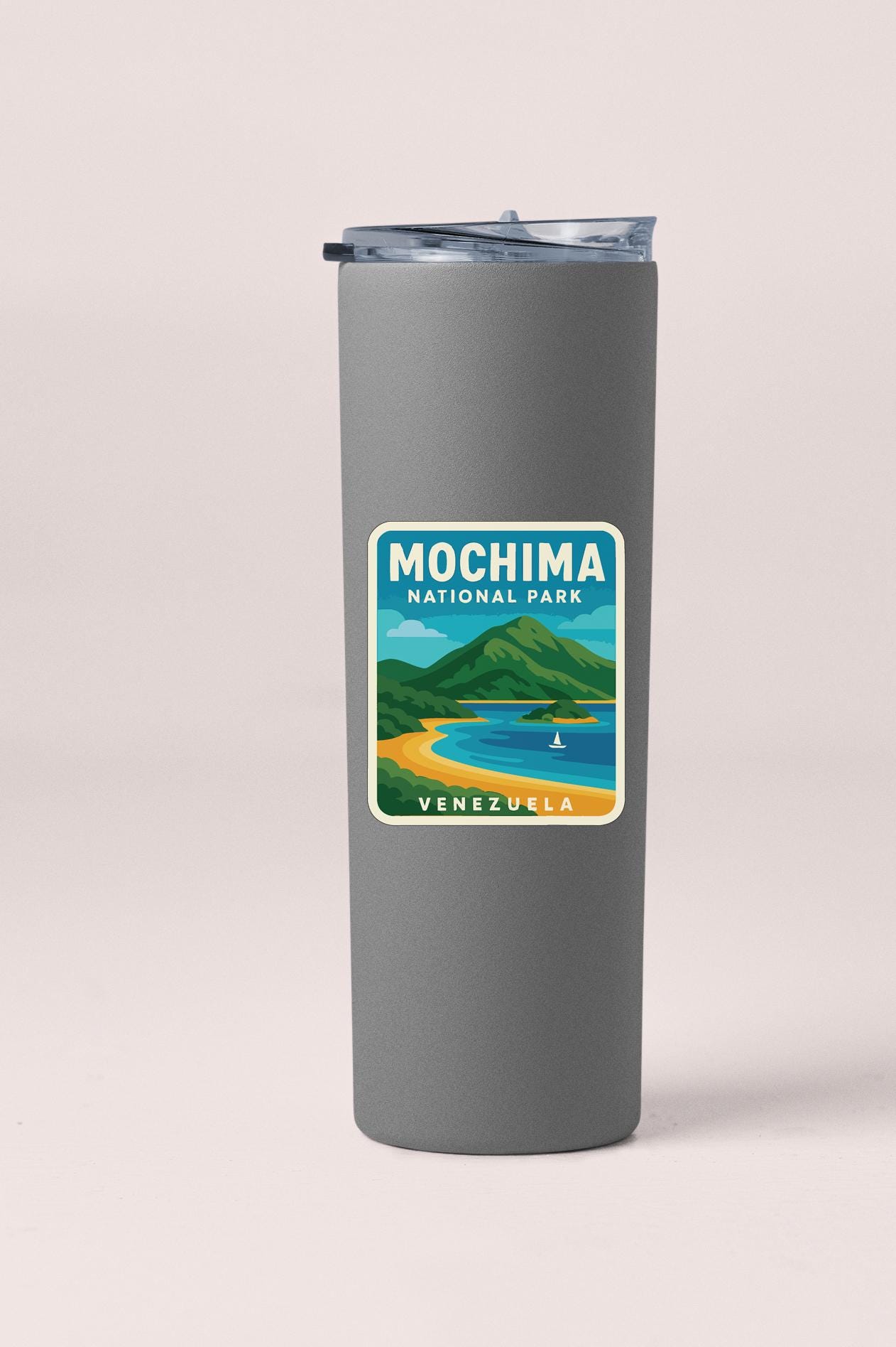 A gray insulated tumbler with a label that says "Mochima National Park, Venezuela".