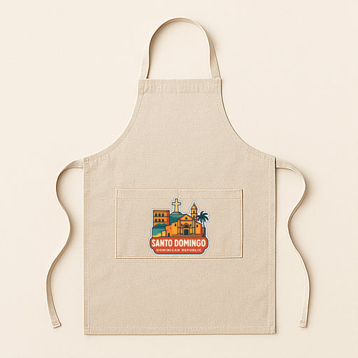 A beige apricot with a graphic of a city skyline and the text "SANTO DOMINGO" printed on it.