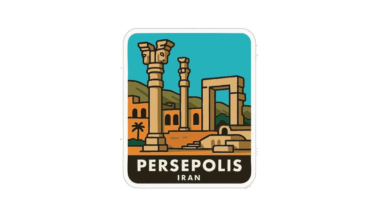 A sticker depicting the ancient city of Persepolis, Iran, with its distinctive columns and architecture against a blue sky.