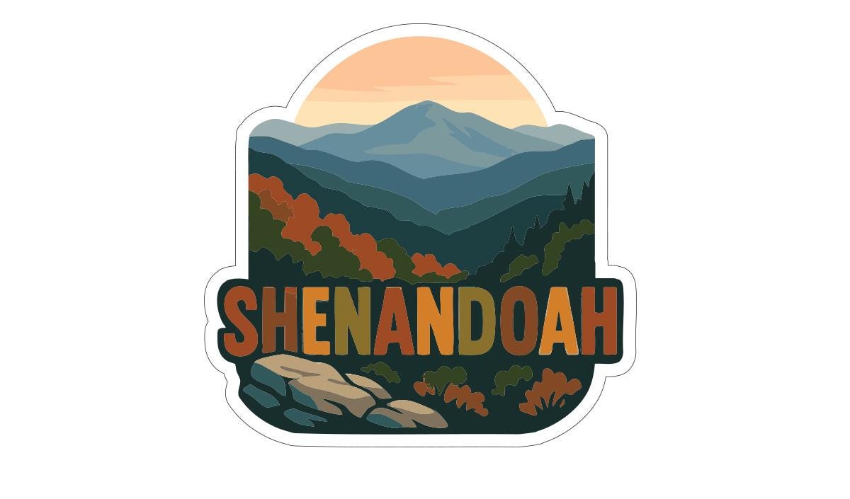 A sticker or label featuring a scenic mountain landscape with a sunset in the background, along with the text "Shenandoah" prominently displayed.