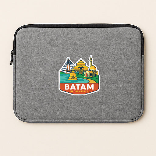 A gray laptop sleeve with a sticker depicting the city of Batam, Indonesia.