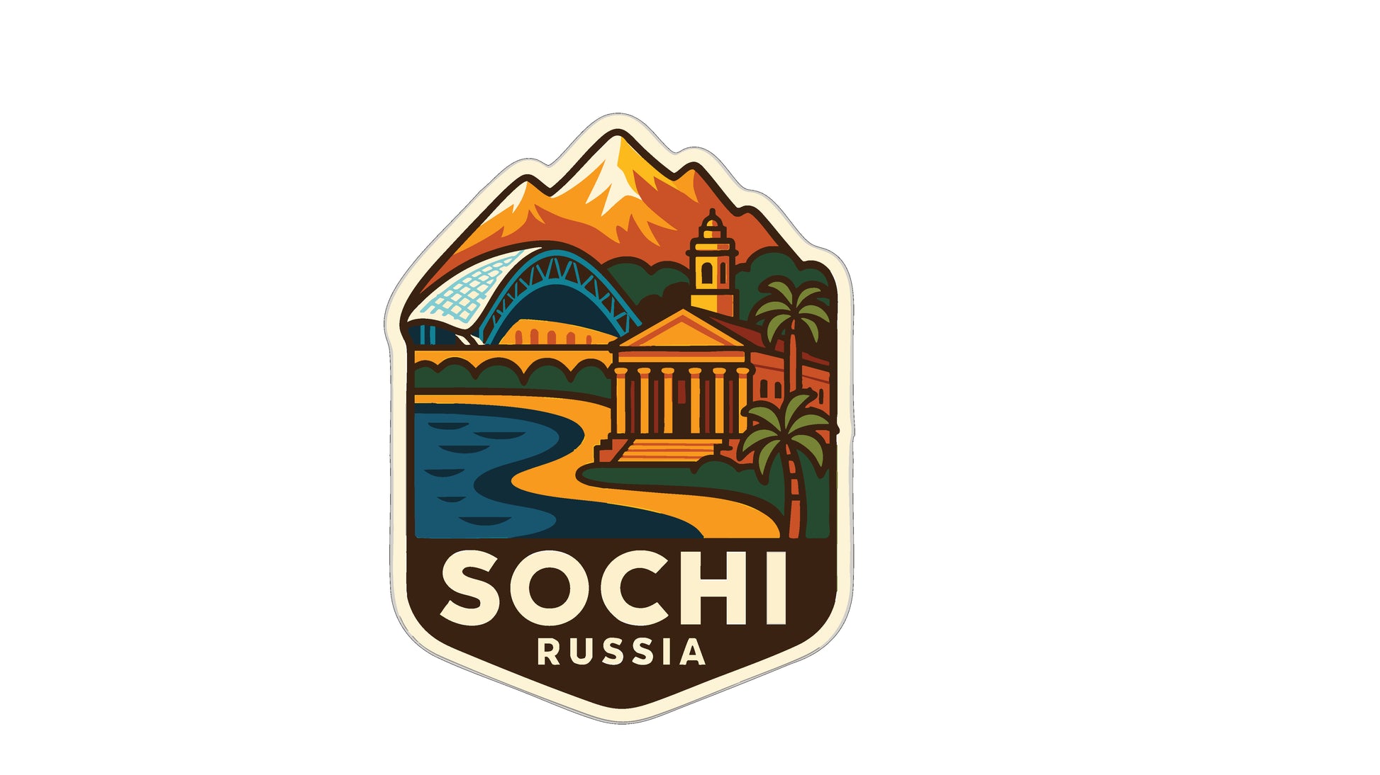 a sticker or emblem with a stylized illustration of a cityscape, including mountains, buildings, and a river. The text "SOCI" and "RUSSIA" is prominently displayed, indicating the location or country of the depicted city.