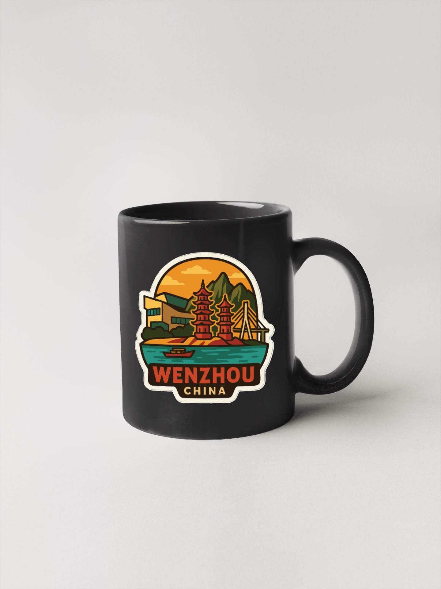A black coffee mug with a colorful illustration of a scenic landscape and landmarks, including pagodas, mountains, and a body of water, along with the text "Wenzhou China".