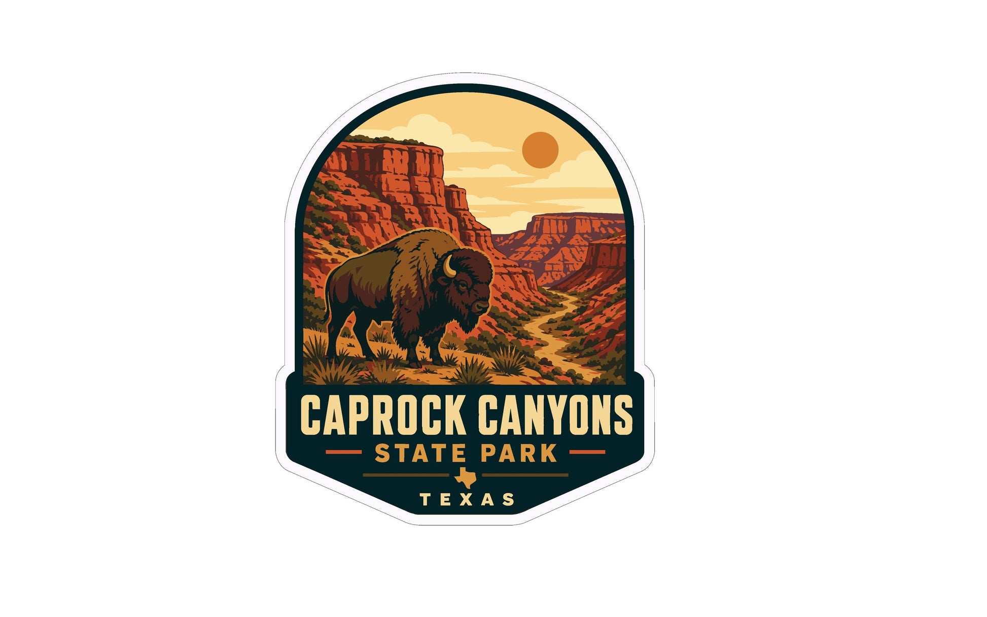 A sticker or emblem featuring a bison in the foreground, with a scenic landscape of red rock formations and a sun in the background, representing the Caprock Canyons State Park in Texas.