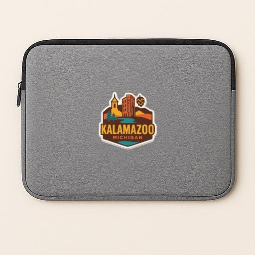A gray laptop sleeve with a logo of Kalamazoo, Michigan, printed on it.