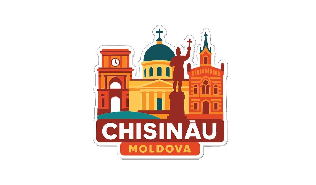 a sticker or logo depicting the city of Chisinau, Moldova.