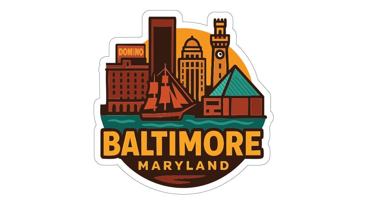 A sticker or emblem featuring the skyline of Baltimore, Maryland, with various buildings and landmarks depicted in a stylized manner.