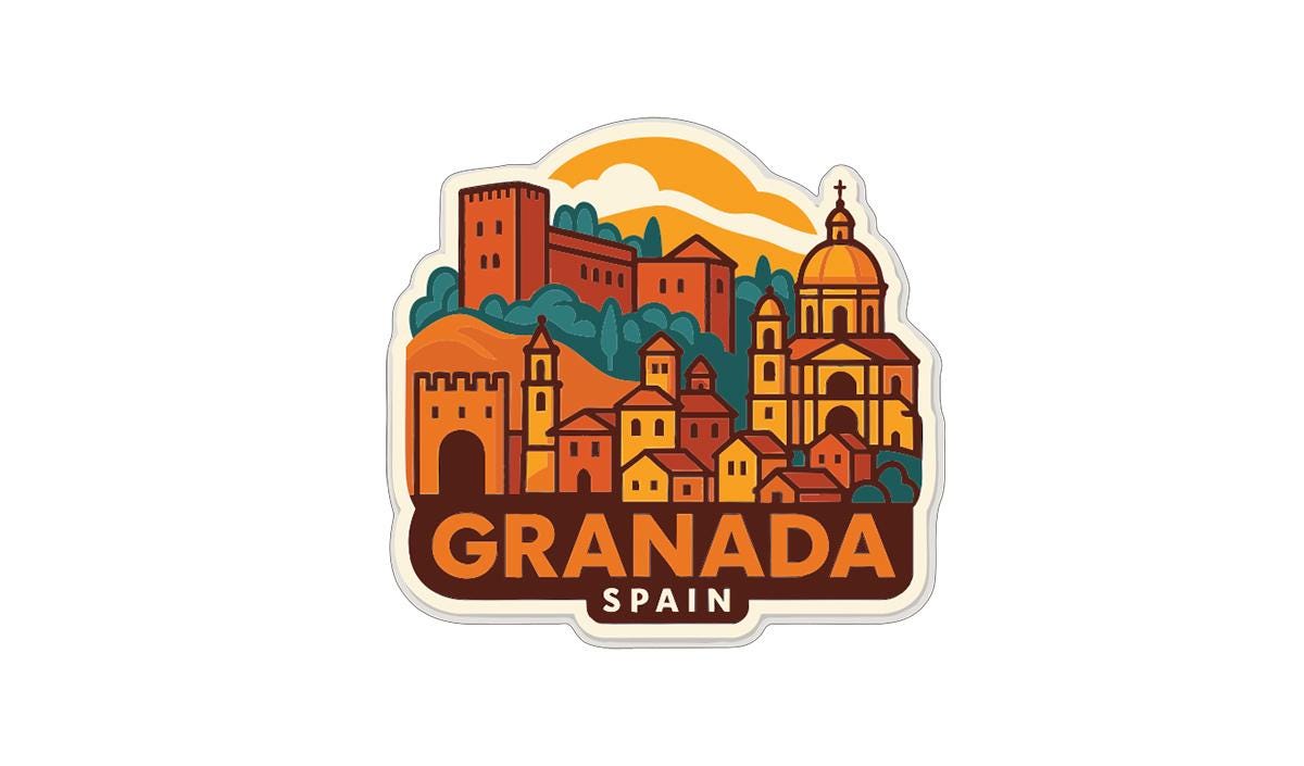 A stylized illustration of the city of Granada, Spain, featuring various landmarks and buildings in a vibrant, colorful palette.