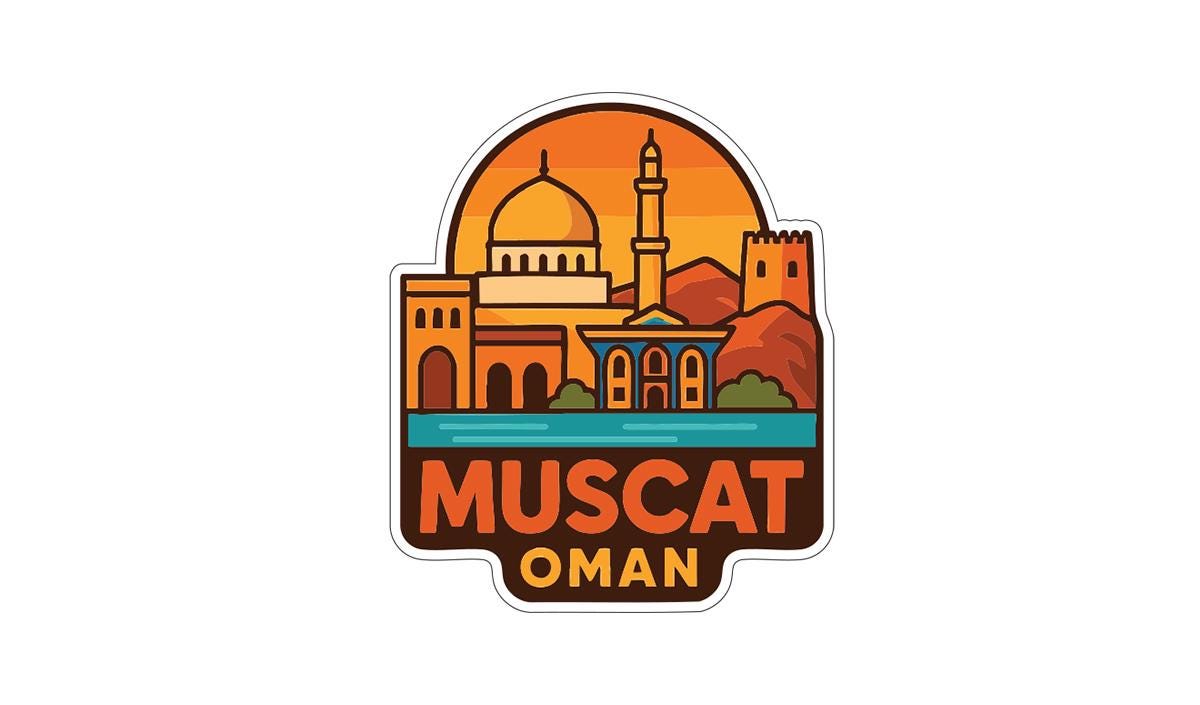 a stylized illustration of the city of Muscat, Oman, with various landmarks and buildings depicted in a vibrant, colorful style.