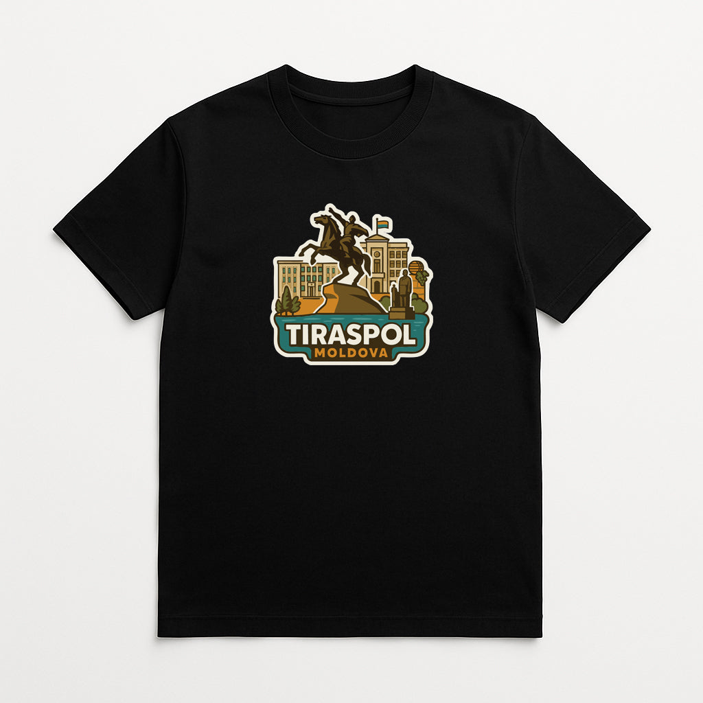 A black t-shirt with a graphic design depicting a cityscape with a statue in the center.