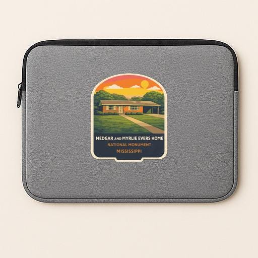 a gray laptop sleeve with a sticker depicting a house and a sunset.