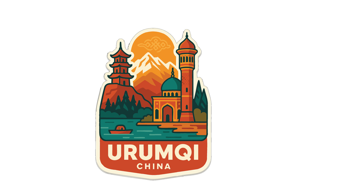 A sticker or emblem featuring a temple, mountains, and a body of water, with the text "URUMQI CHINA" prominently displayed.