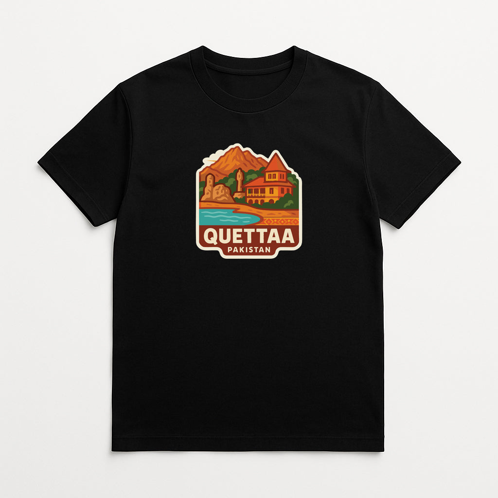 A black t-shirt with a colorful graphic design depicting a scenic landscape with mountains, buildings, and a body of water.