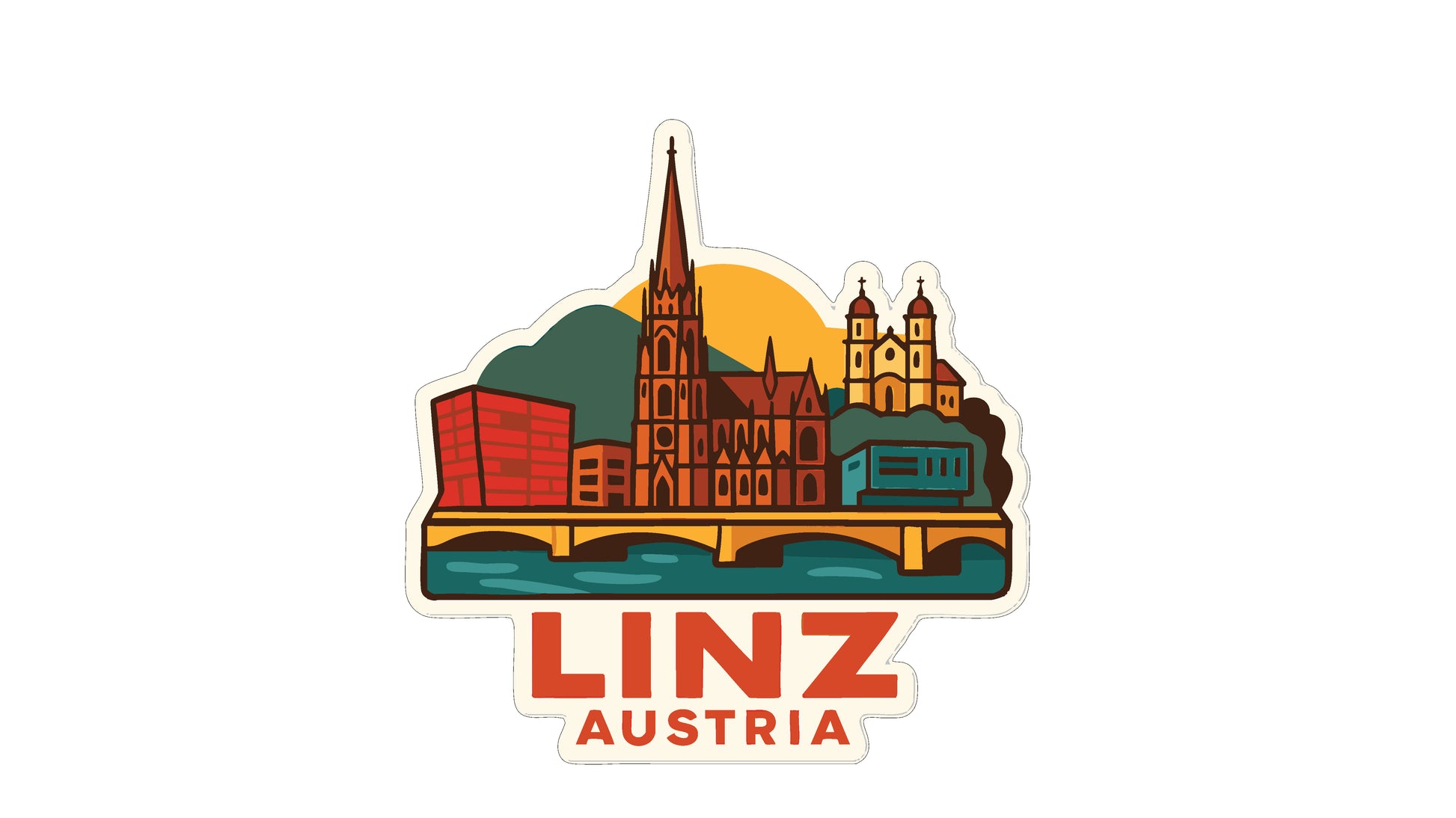 a stylized illustration of the city of Linz, Austria, with various landmarks and buildings depicted in a colorful and artistic manner.