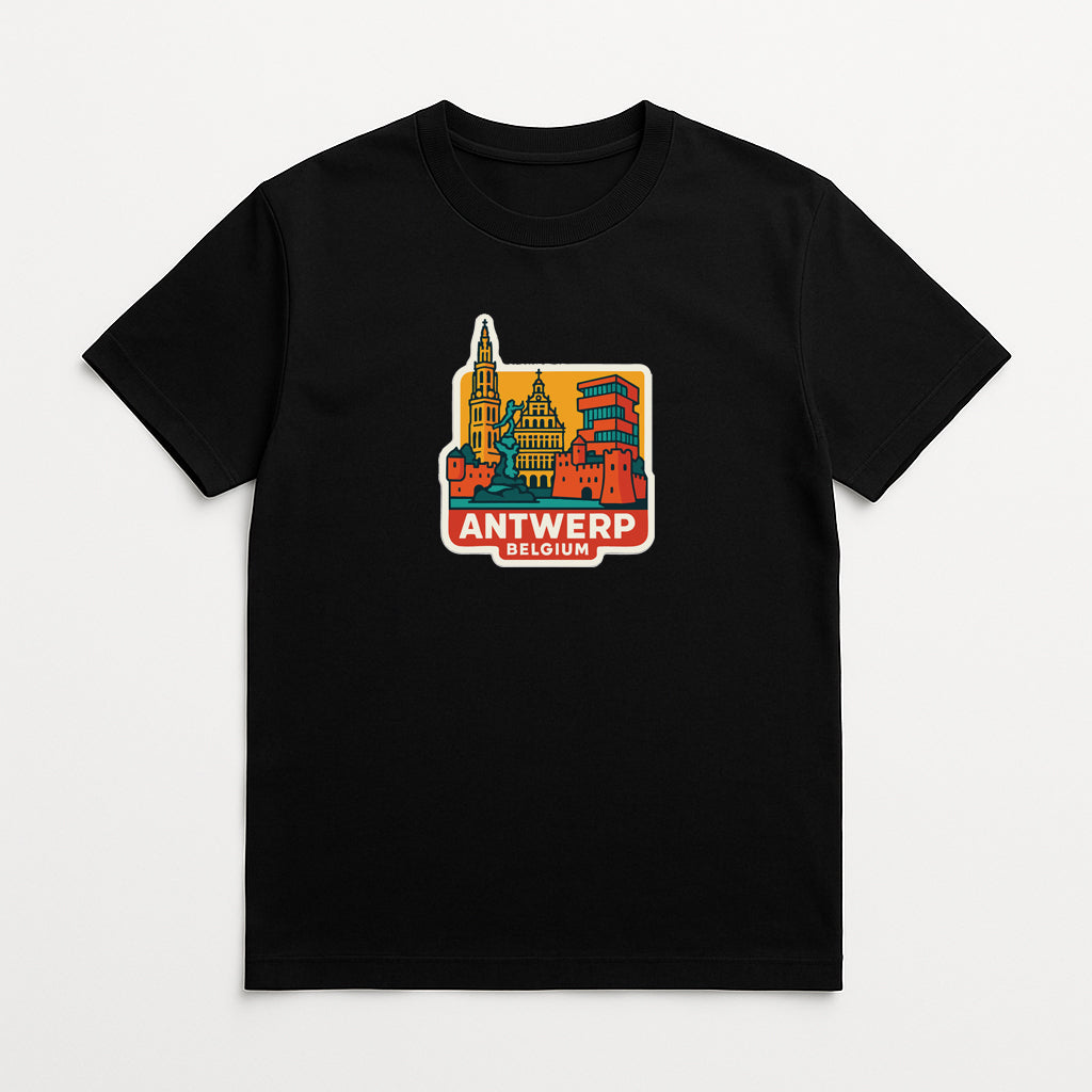 A black t-shirt with a colorful graphic depicting the cityscape of Antwerp, Belgium.