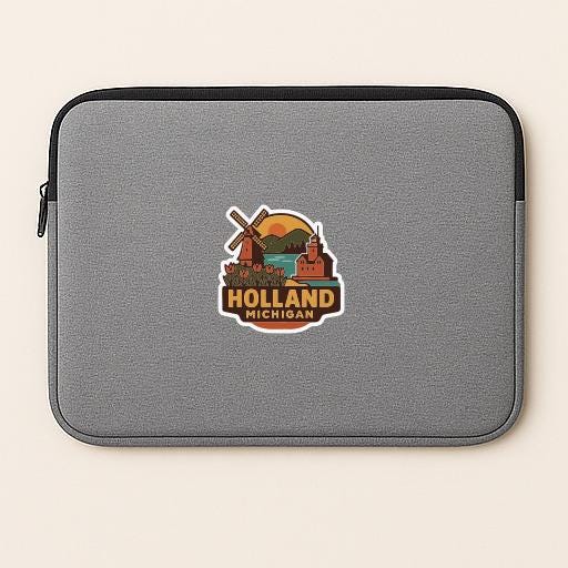 A gray laptop sleeve with a sticker depicting a scenic view of Holland, Michigan.