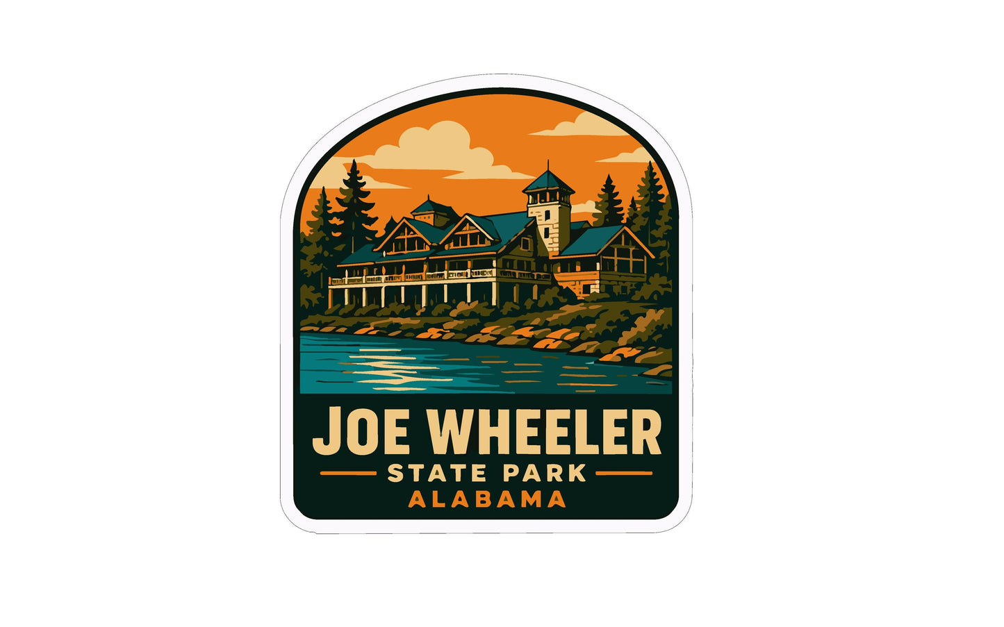 A sticker depicting a scenic view of Joe Wheeler State Park in Alabama, with a large building surrounded by trees and a body of water in the foreground.