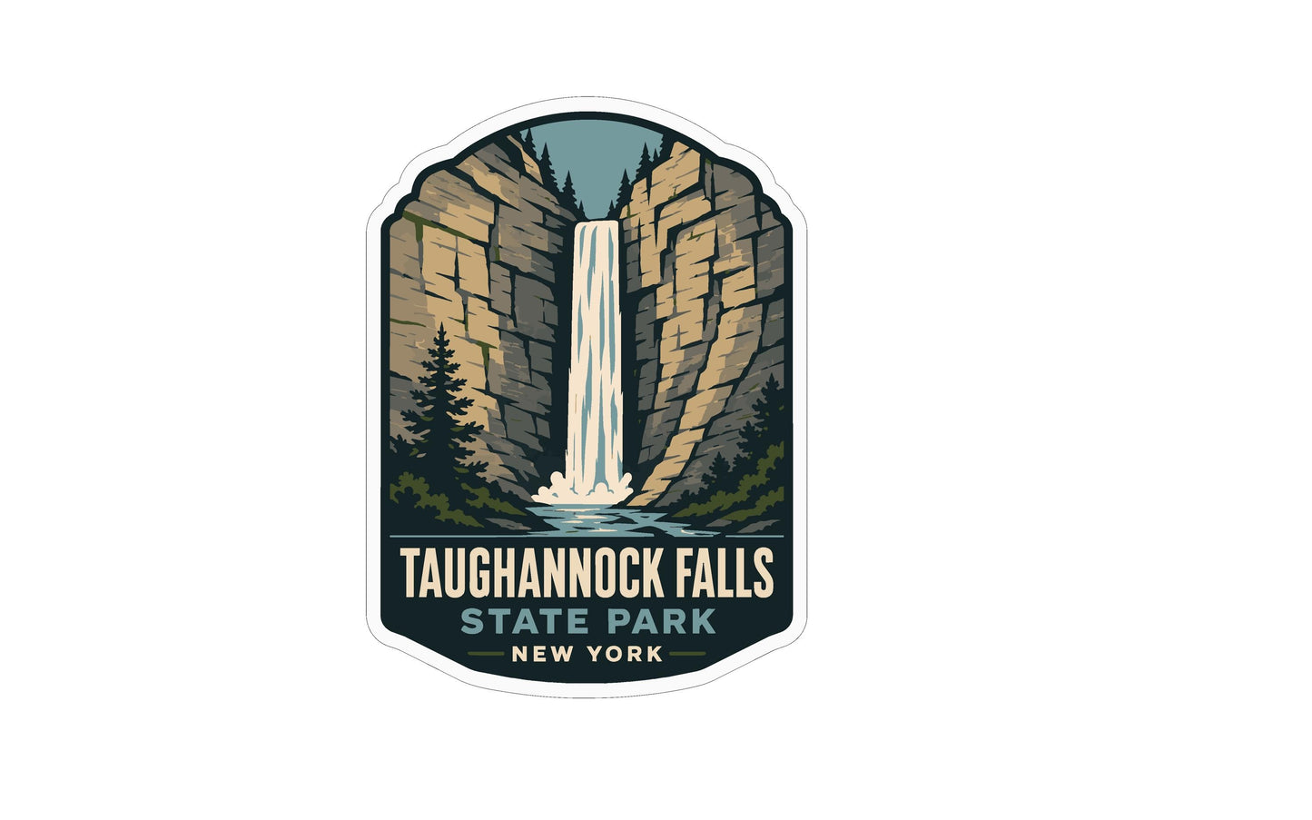 A sticker or emblem featuring a waterfall surrounded by trees and mountains, with the text "Taughannock Falls State Park New York" prominently displayed.