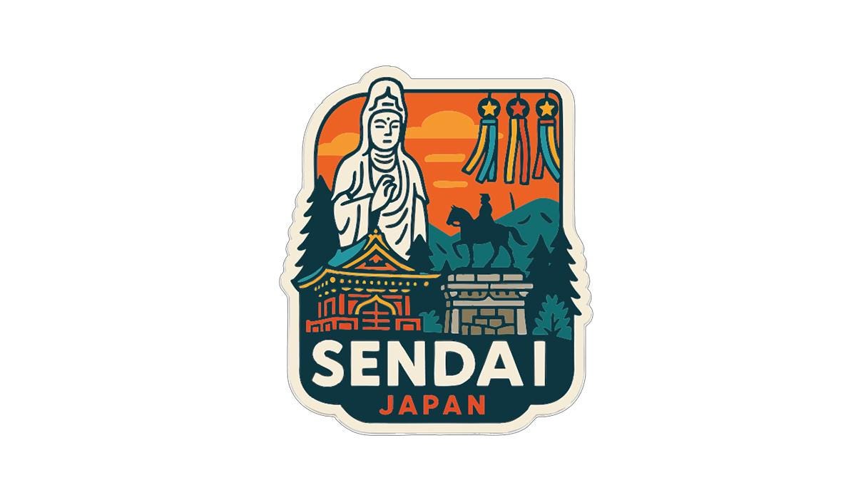 a sticker or emblem with a stylized illustration of a deity, a temple, and a person riding a horse. The text "SENDAI JAPAN" is prominently displayed, indicating the location or theme of the image.