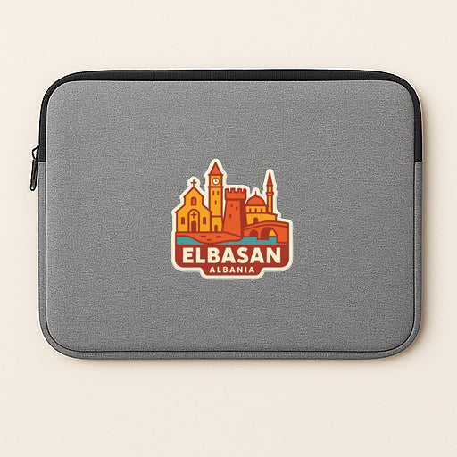 a gray laptop sleeve with a colorful graphic of the city of Elbasan, the capital of the country of Algeria.