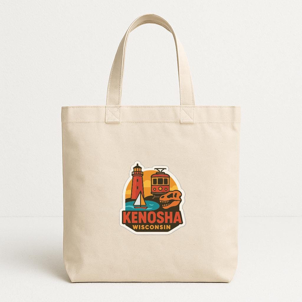 A beige tote bag with a colorful graphic depicting landmarks and text that says "KENOSHA WISCONSIN".