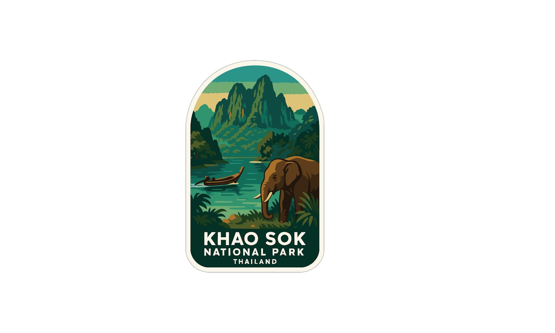 a sticker or emblem with a landscape scene depicting a river, mountains, and an elephant. The text "KHAO SOK NATIONAL PARK THAILAND" is prominently displayed, indicating the location or theme of the image.