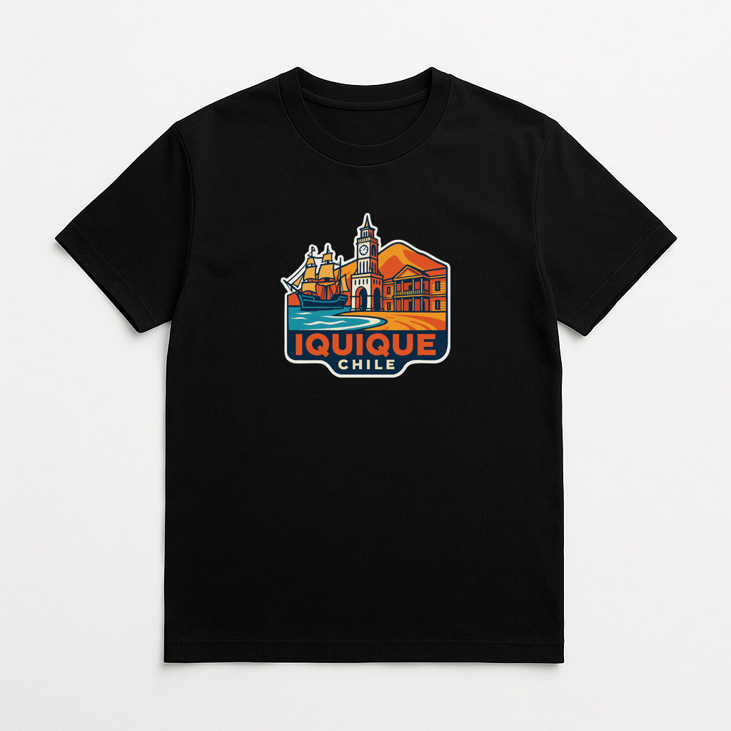 A black t-shirt with a graphic design depicting a cityscape and the text "IQUIQUE CHILE" printed on it.