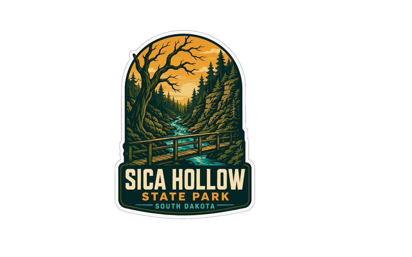 A sticker or emblem featuring a scenic landscape with a bridge, trees, and a river, along with the text "SICA HOLOW STATE PARK SOUTH DAKOTA".