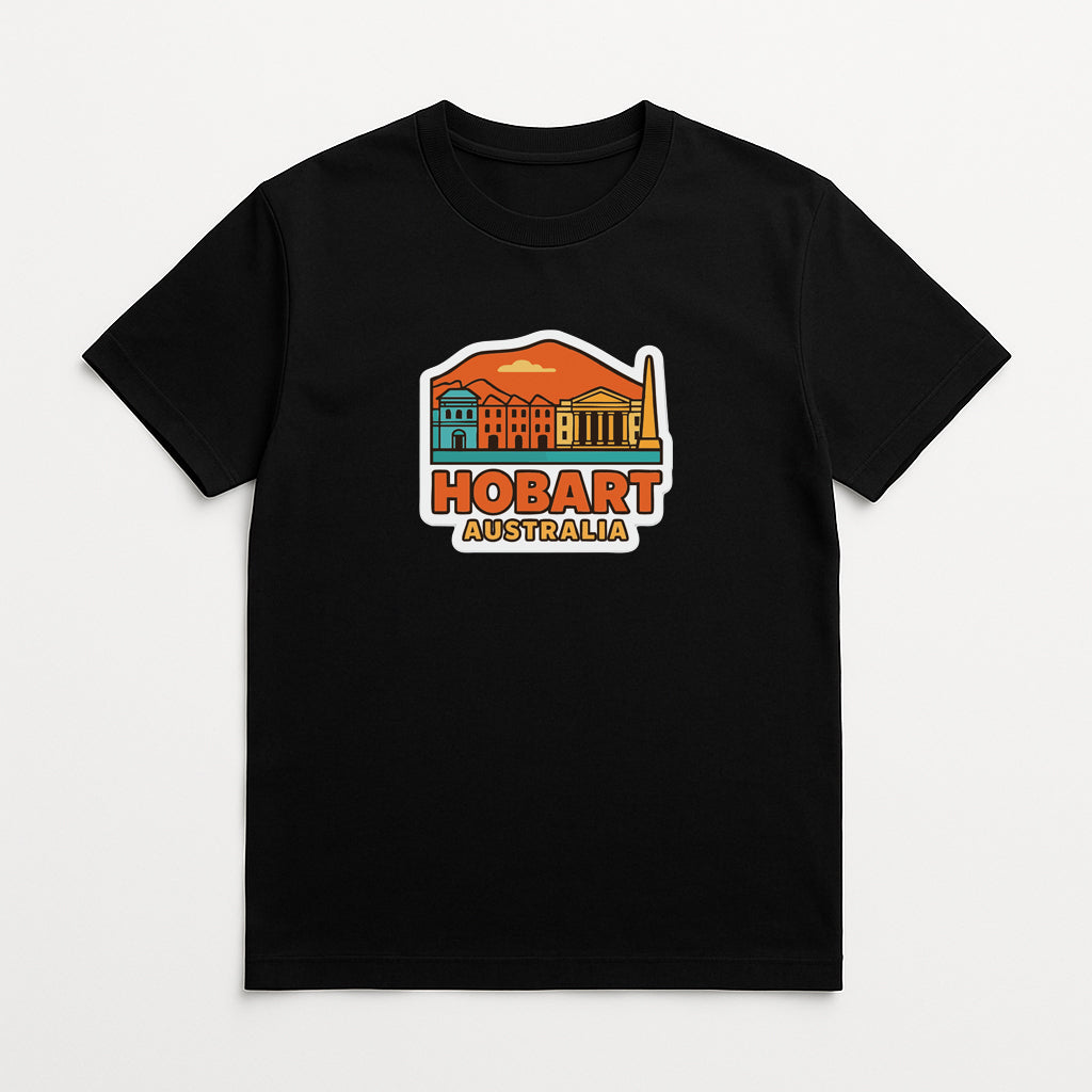 A black t-shirt with a graphic design depicting the iconic Hobart, Australia landmark.