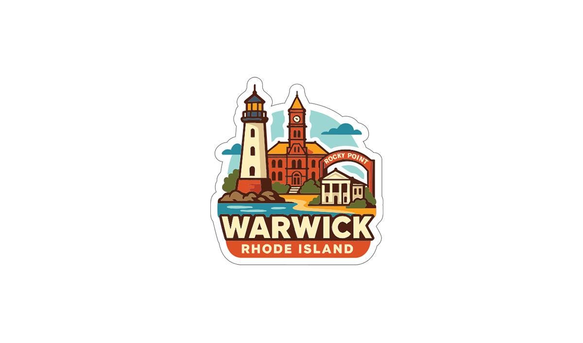 A sticker depicting a lighthouse and buildings in the town of Warwick, Rhode Island.