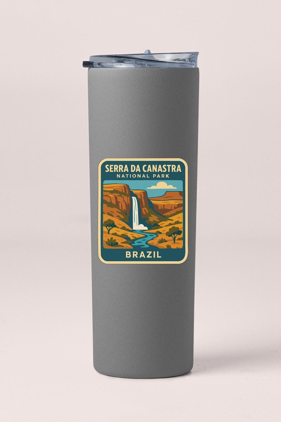 A gray tumbler with a label that says "SERRA DA CANASTRA NATIONAL PARK BRAZIL".