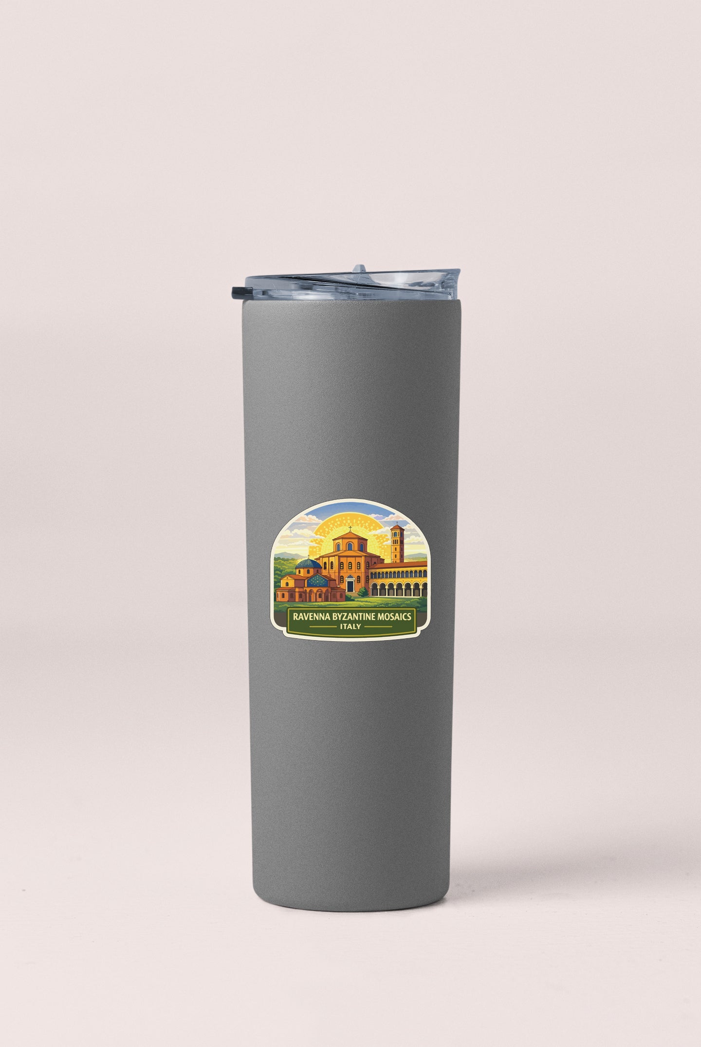A gray insulated tumbler with a label featuring an illustration of a building and the text "Ravina di Milano italy".