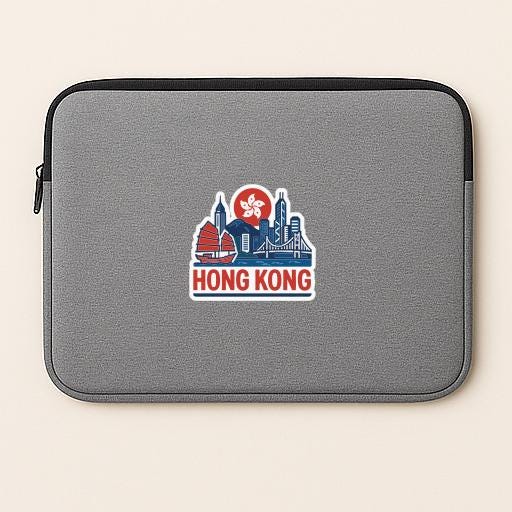 A gray laptop sleeve with a Hong Kong cityscape sticker printed on it.