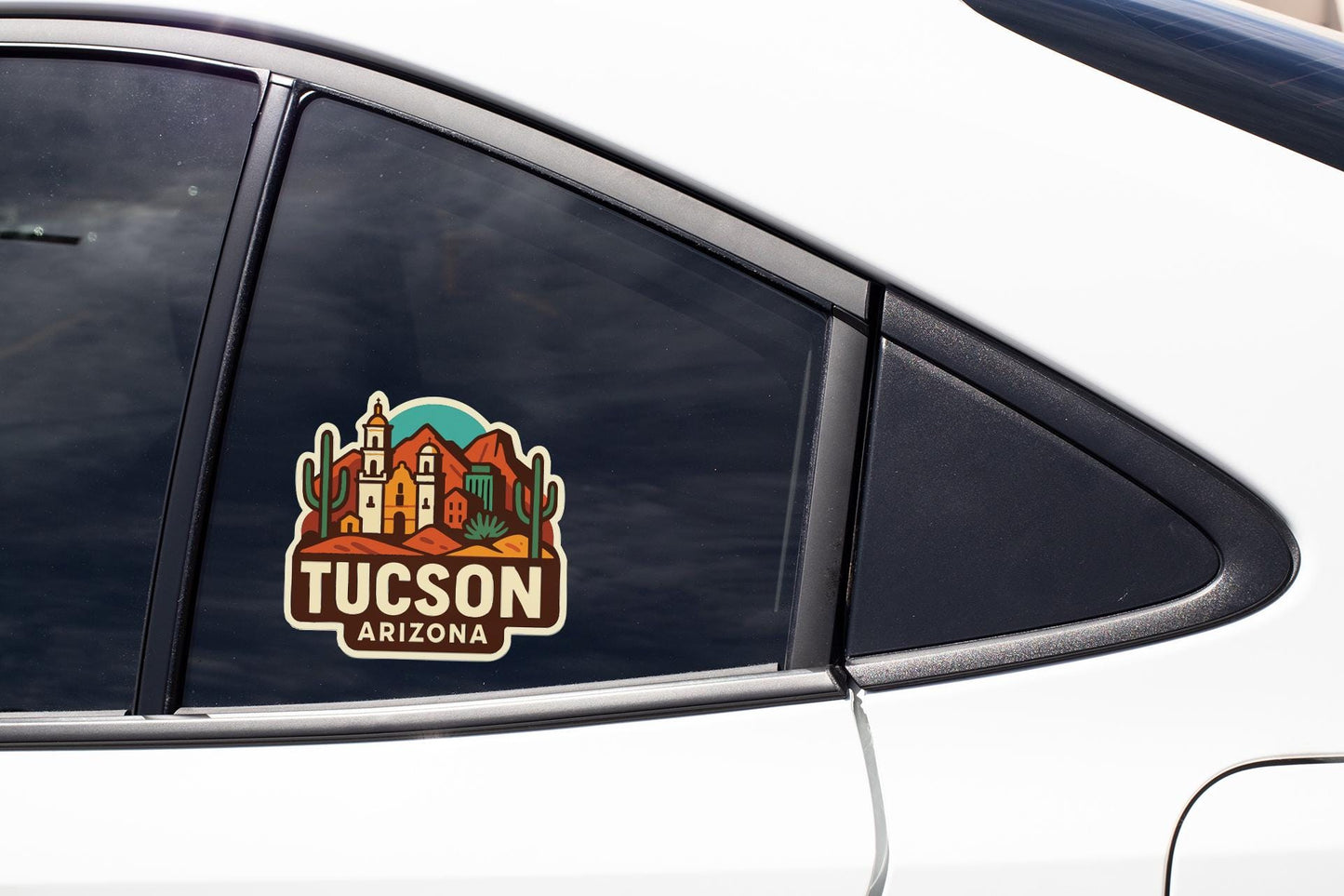 A car window with a sticker of the city of Tucson, Arizona.