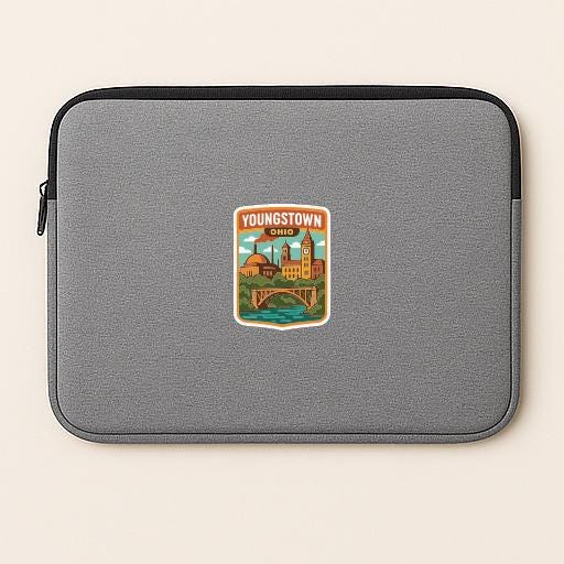 A gray laptop sleeve with a sticker depicting a scenic view of Youngstown, Ohio.