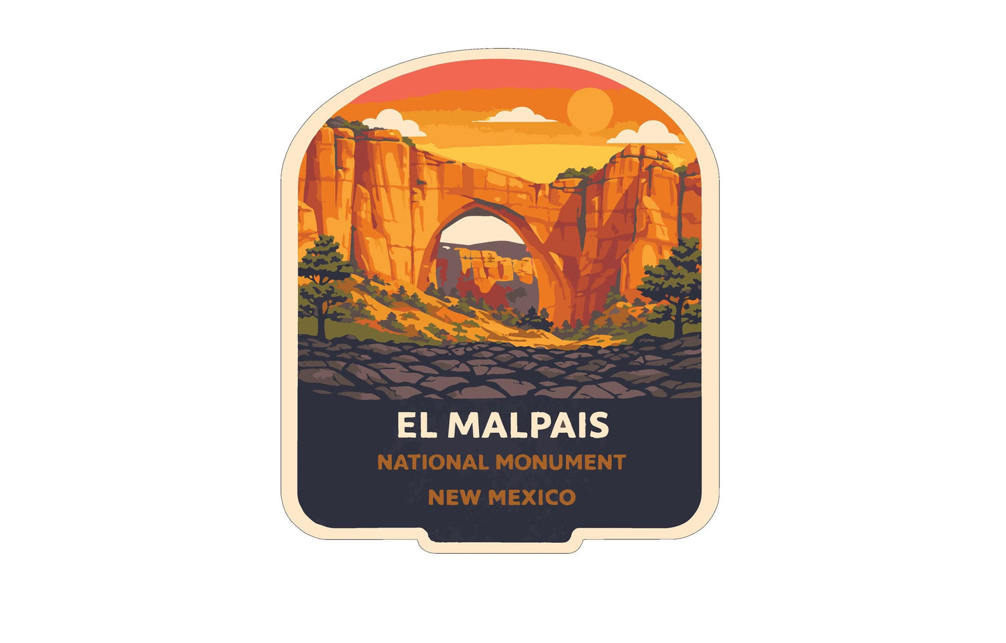 a sticker or label with an illustration of a natural landscape, including mountains, trees, and a sunset.