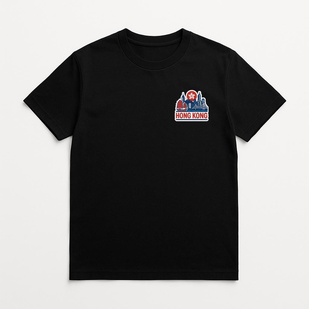 A black t-shirt with a graphic of Hong Kong printed on the front.