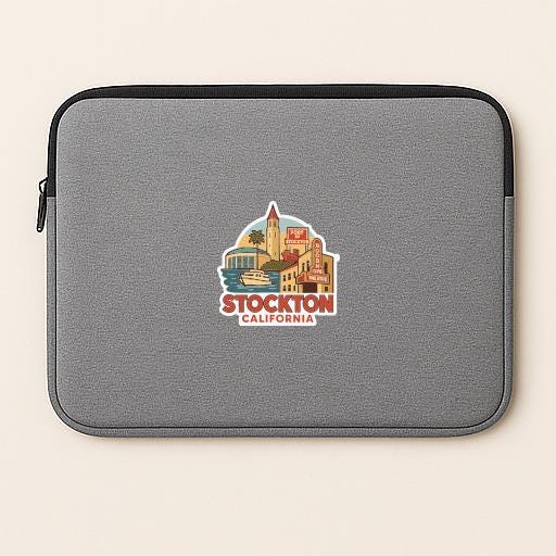 A gray laptop sleeve with a sticker of Stockton, California, printed on it.