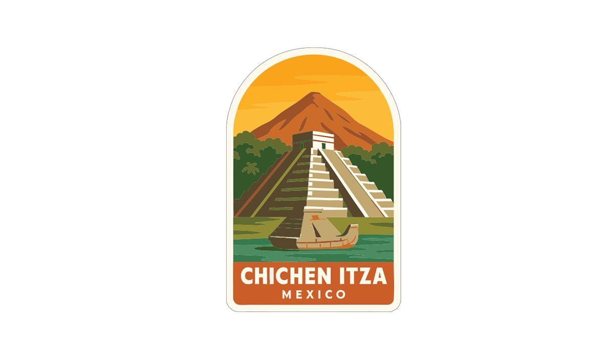 a sticker or label with an illustration of the Mayan pyramid of Chichen Itza in Mexico, surrounded by a tropical landscape with a mountain and a body of water.