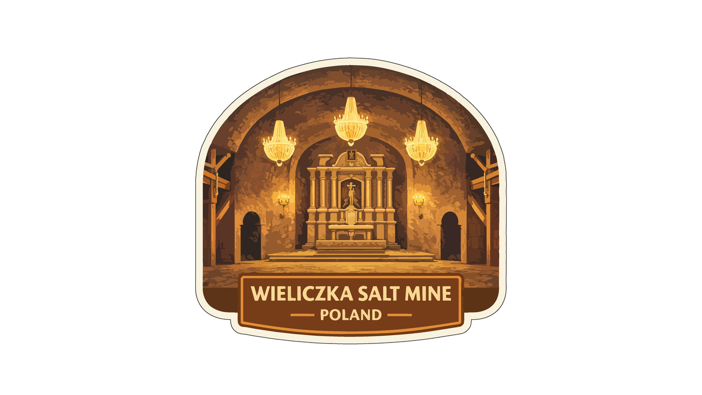a large, ornate church with a high ceiling, chandeliers, and a cross at the front. The text "Wieliczka Salt Mine Poland" is displayed below the image.