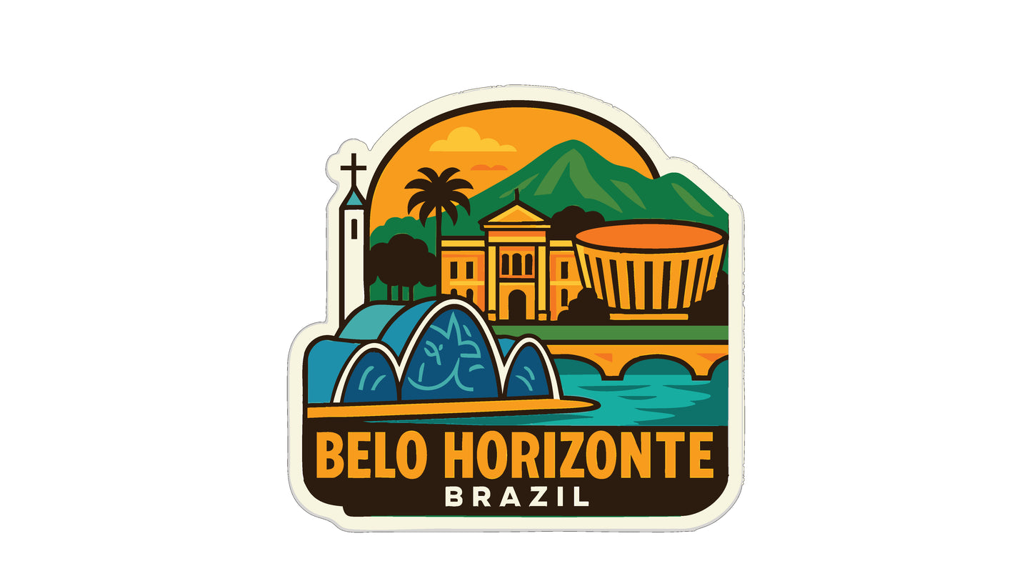 The image is a sticker or emblem featuring the Belo Horizonte, Brazil, with various landmarks and elements such as a church, mountains, and a bridge.