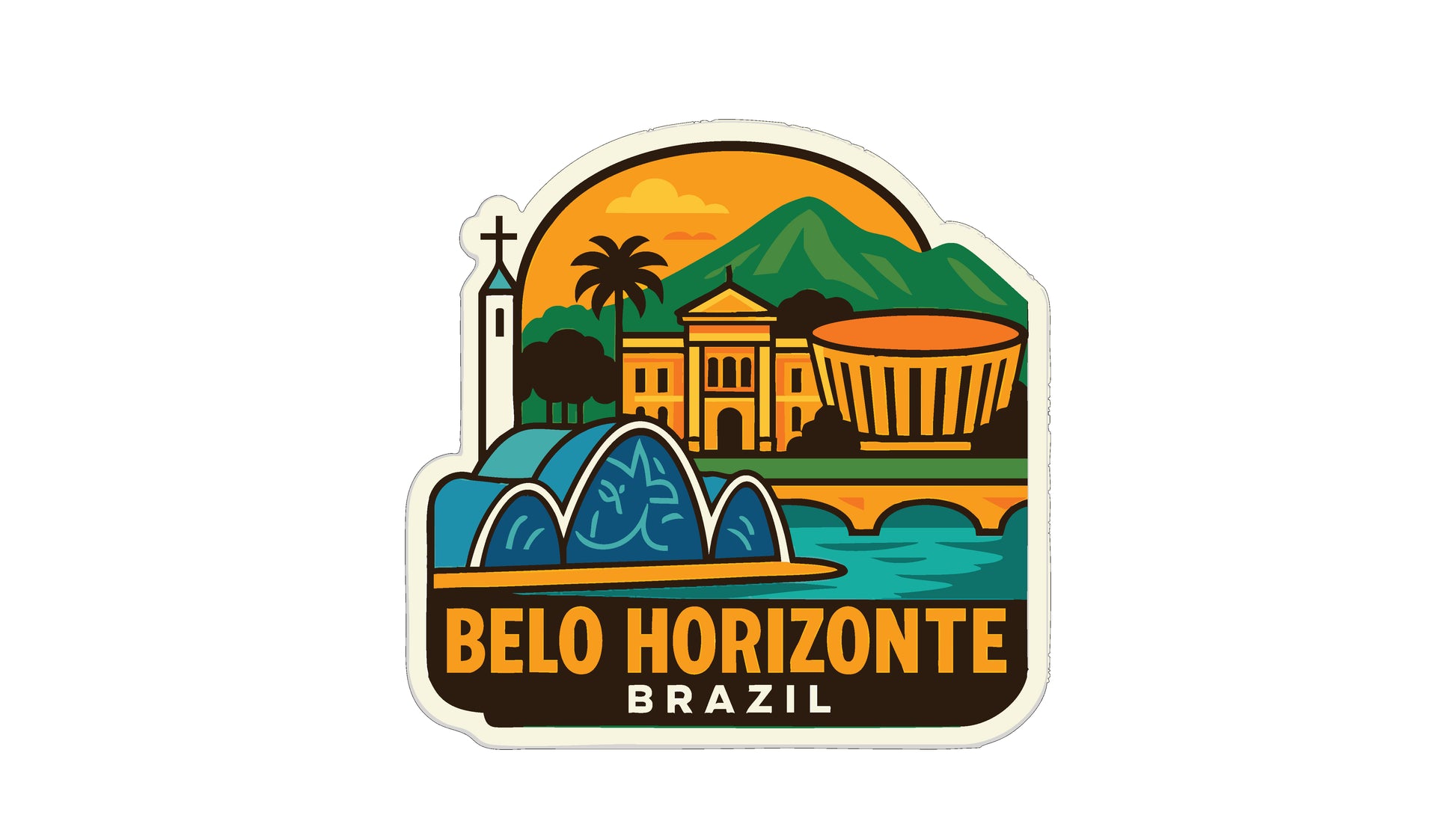 The image is a sticker or emblem featuring the Belo Horizonte, Brazil, with various landmarks and elements such as a church, mountains, and a bridge.