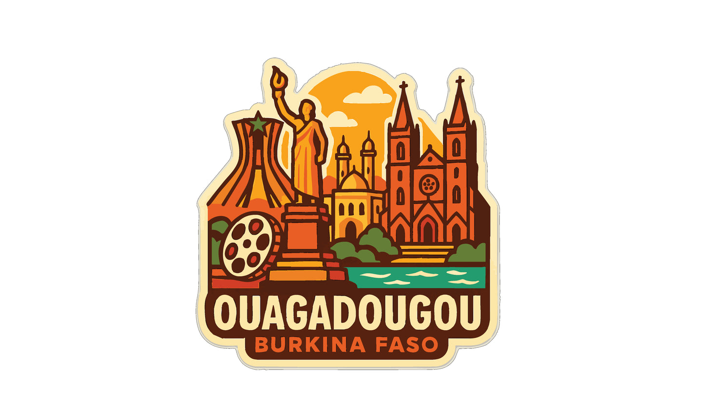 a sticker or emblem with various landmarks and symbols representing the city of Ouagadougou, Burkina Faso.