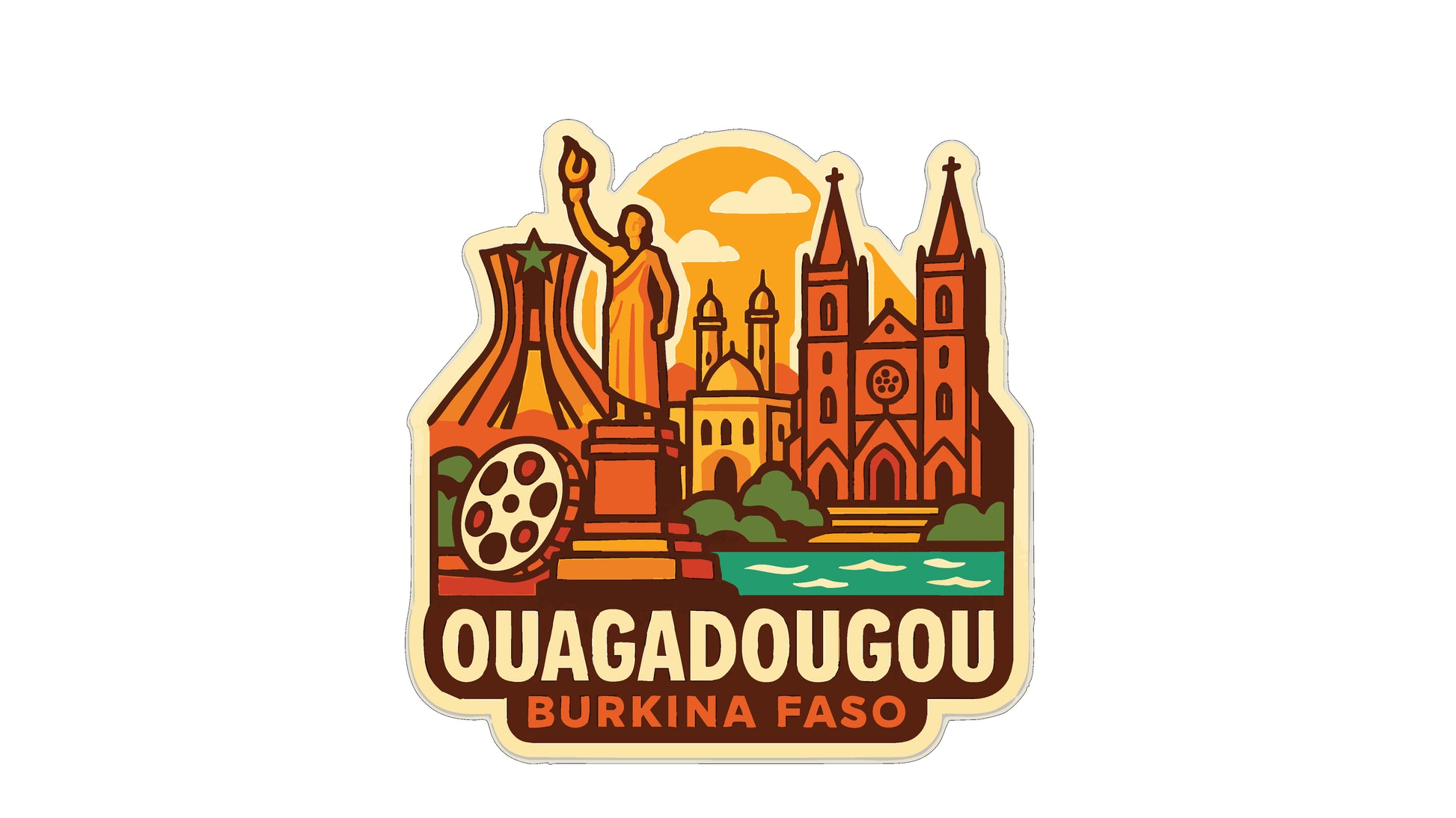 a sticker or emblem with various landmarks and symbols representing the city of Ouagadougou, Burkina Faso.