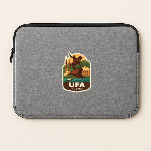A gray laptop sleeve with a sticker depicting a scenic landscape and the text "UFA Russia".