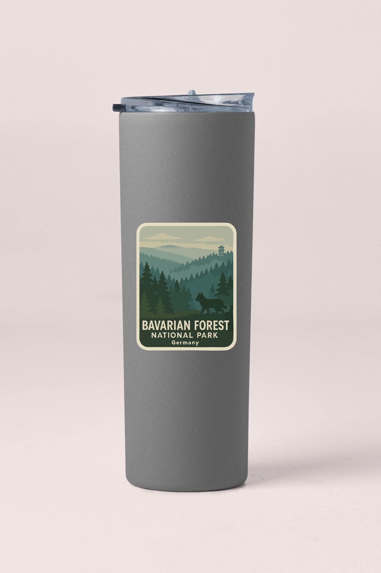 A gray insulated tumbler with a label that reads "BAVARIAN FOREST NATIONAL PARK GERMANY".