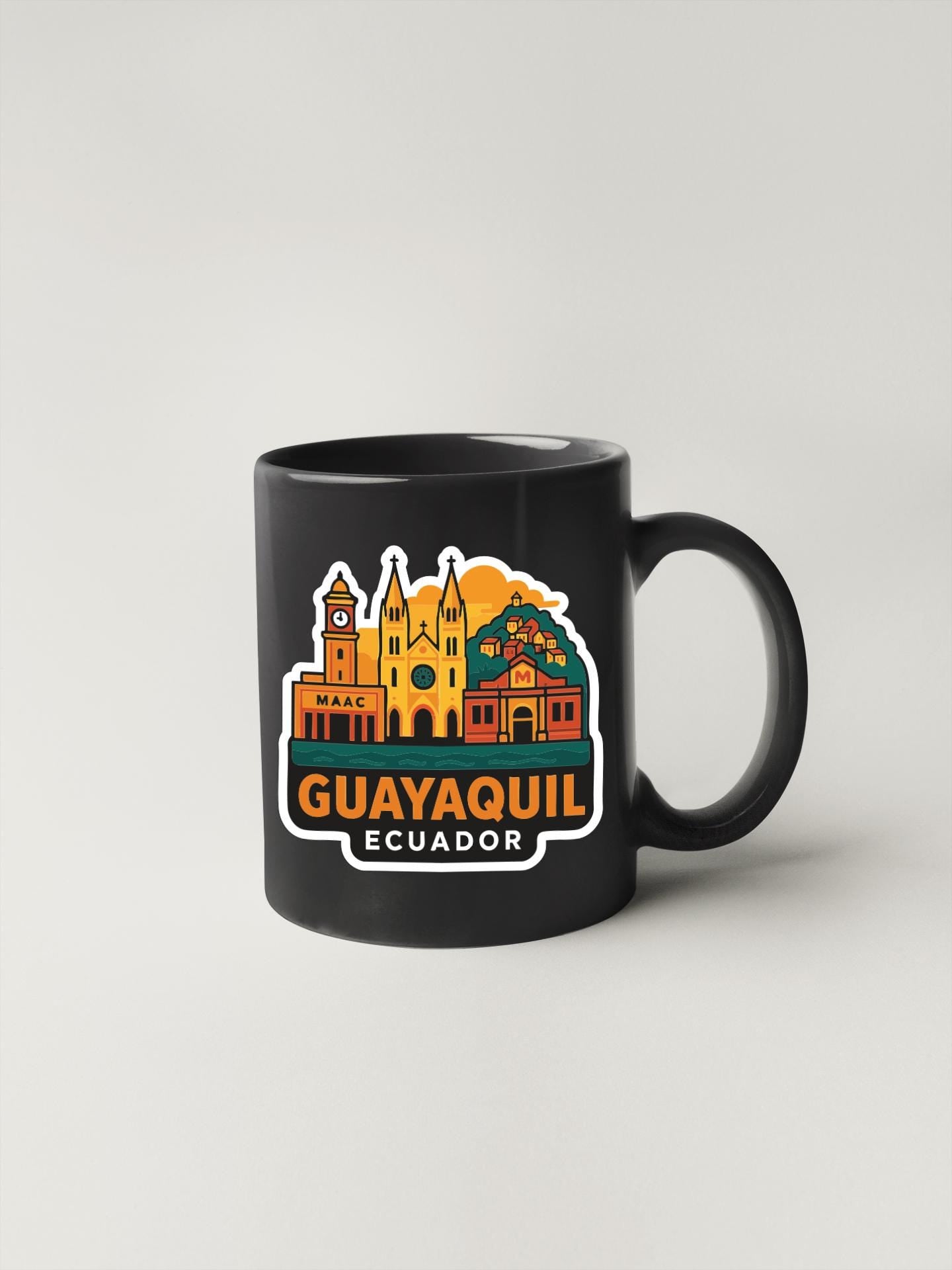 A black coffee mug with a colorful graphic depicting the cityscape of Guayaquil, Ecuador.