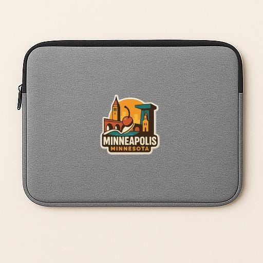 A gray laptop sleeve with a Minnesota Minneapolis logo printed on it.