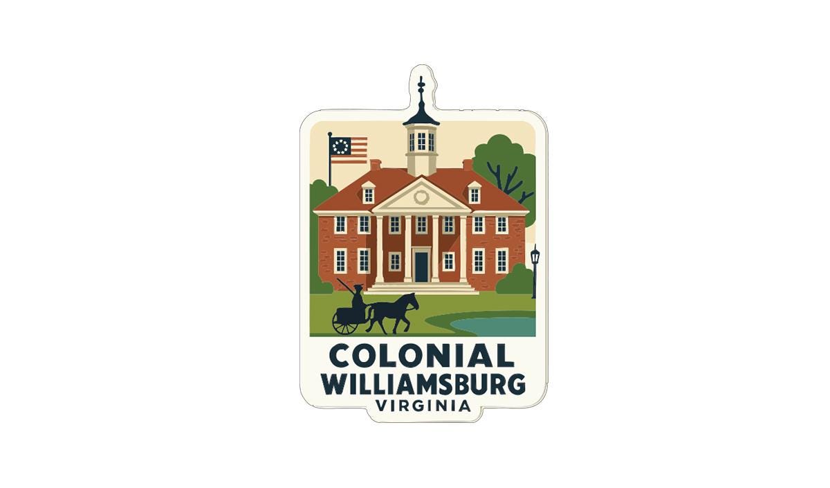 A sticker depicting the Colonial Williamsburg, Virginia, with a horse-drawn carriage and a building with a clock tower.